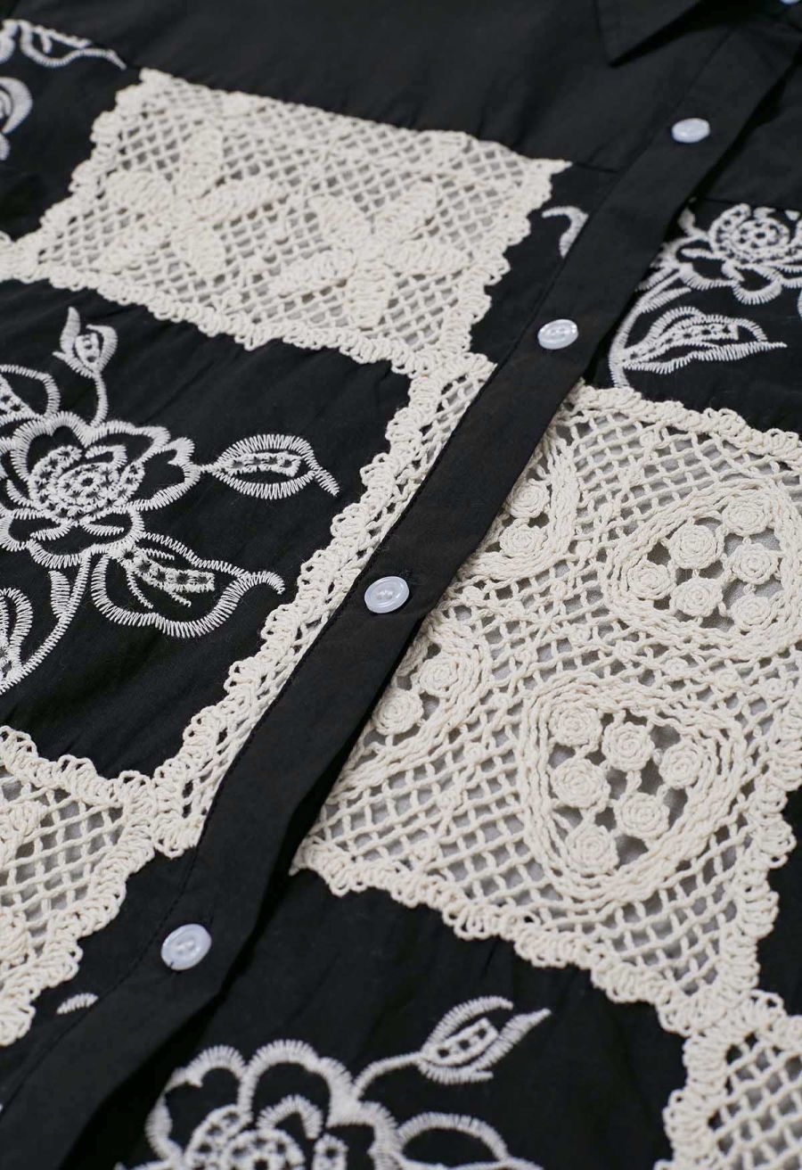 Crochet Patchwork Spliced Rose Embroidery Shirt in Black