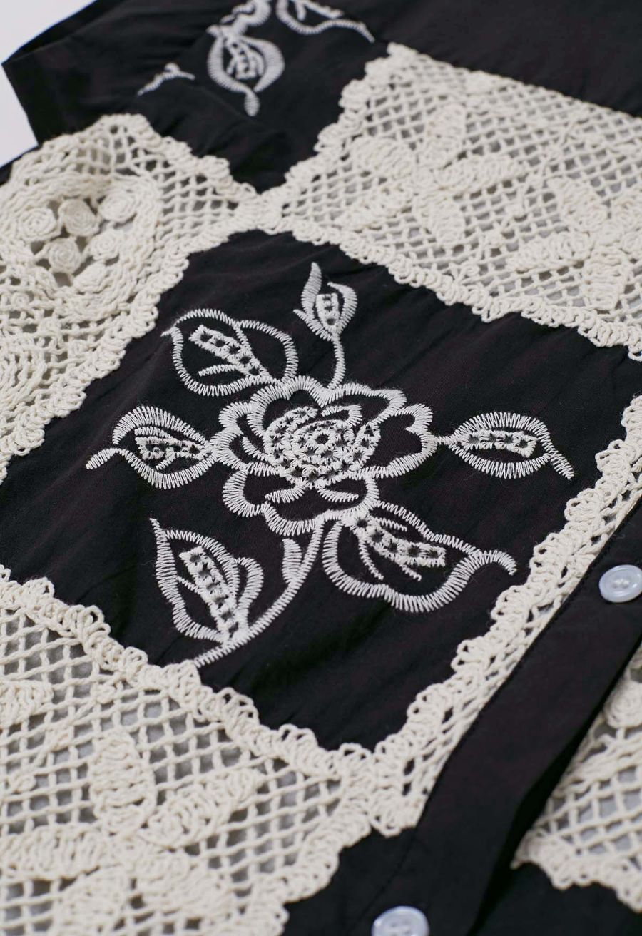 Crochet Patchwork Spliced Rose Embroidery Shirt in Black