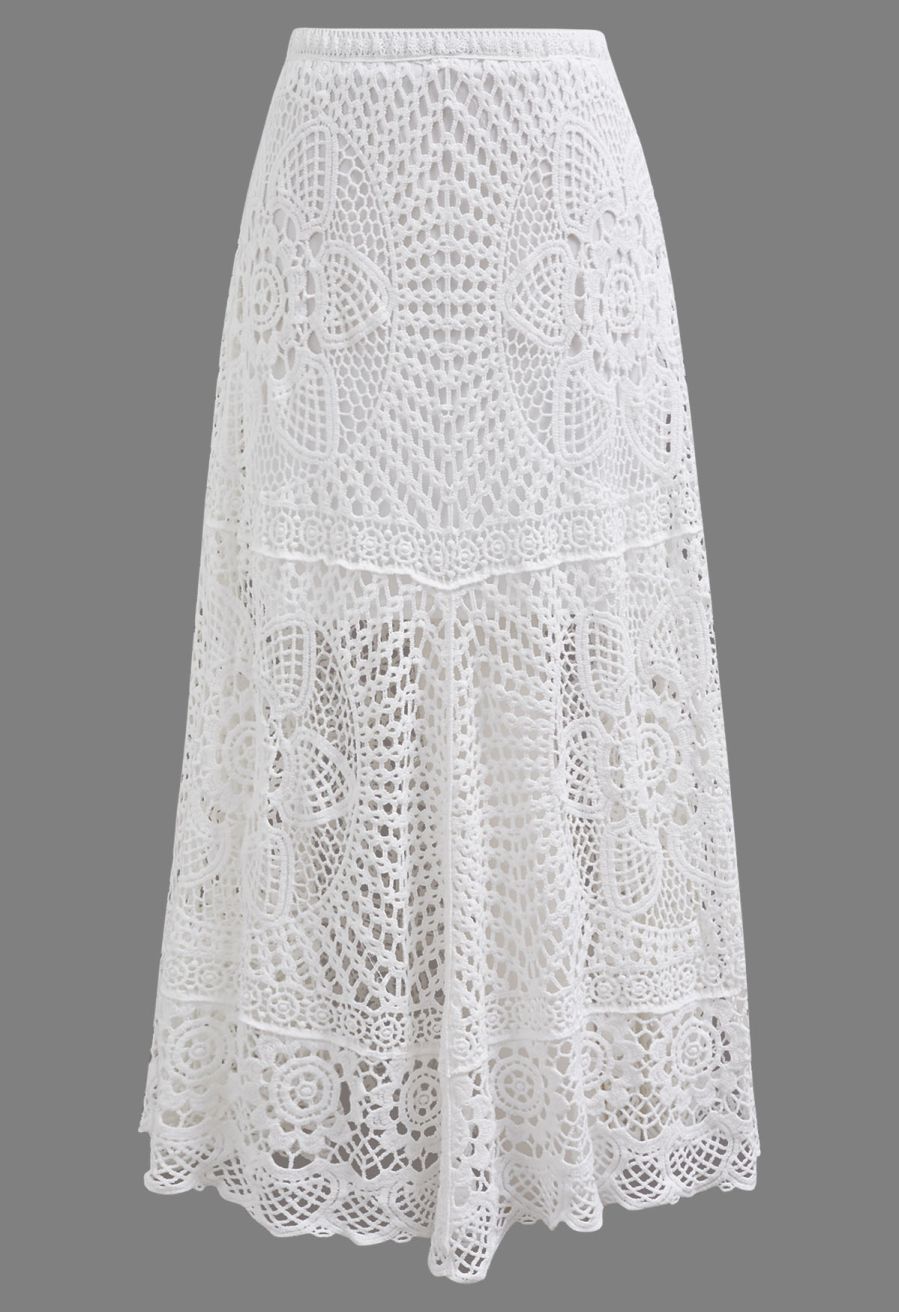 Blooming Floral Open-Knit Crochet Asymmetric Maxi Skirt