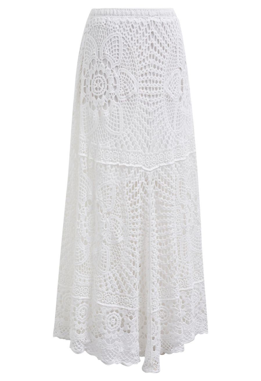 Blooming Floral Open-Knit Crochet Asymmetric Maxi Skirt