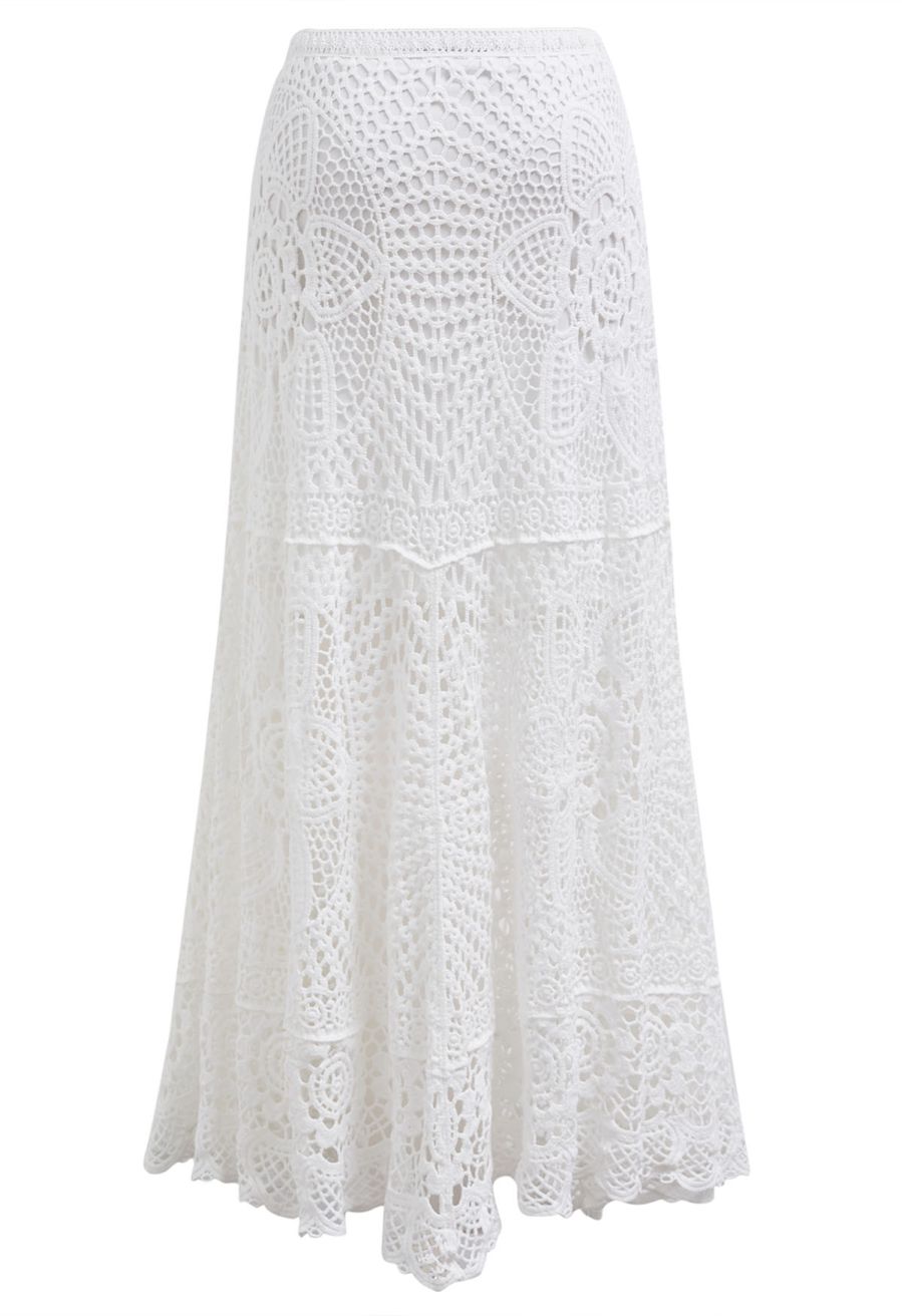 Blooming Floral Open-Knit Crochet Asymmetric Maxi Skirt
