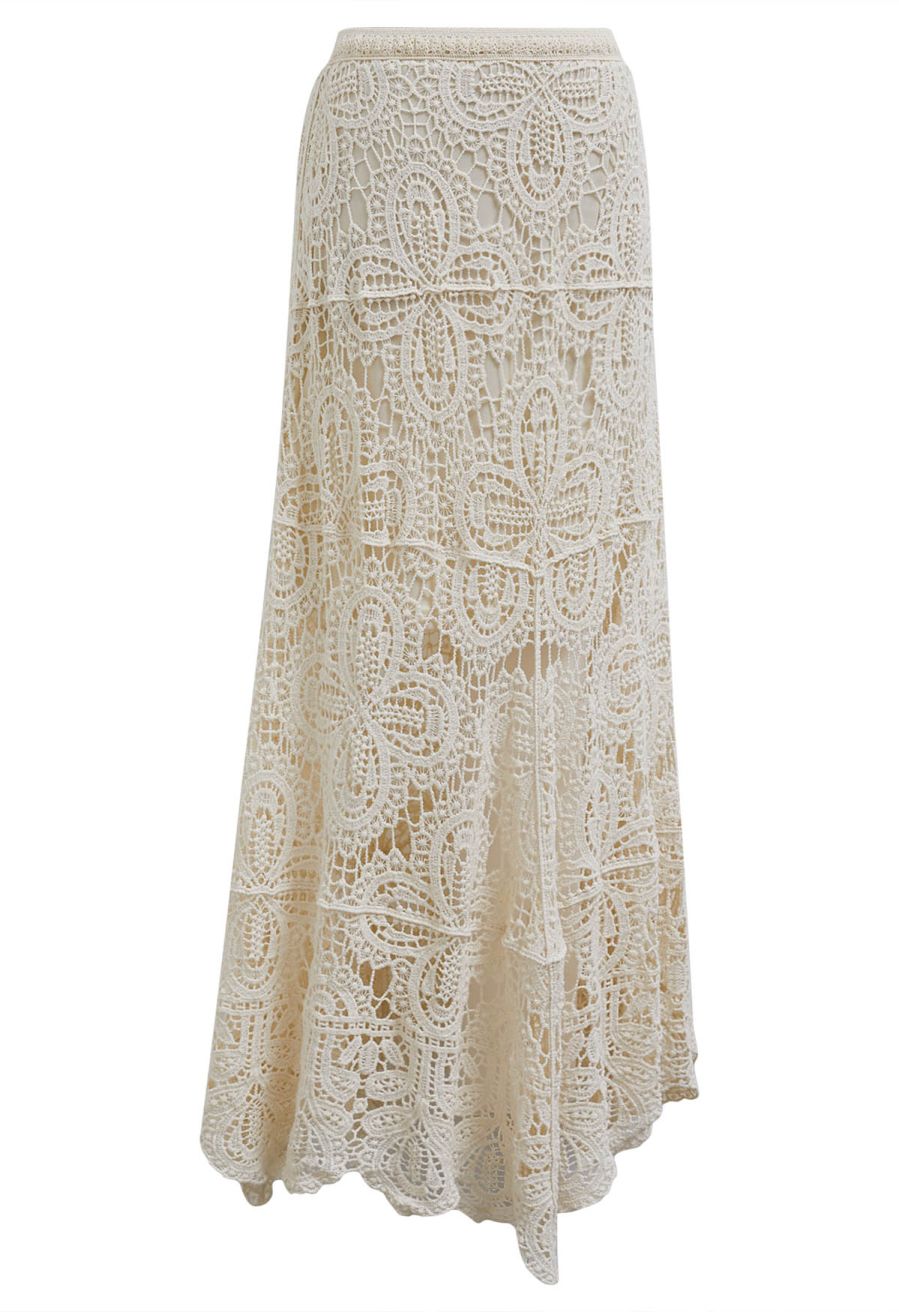 Romantic Floral Open-Knit Crochet Asymmetric Maxi Skirt