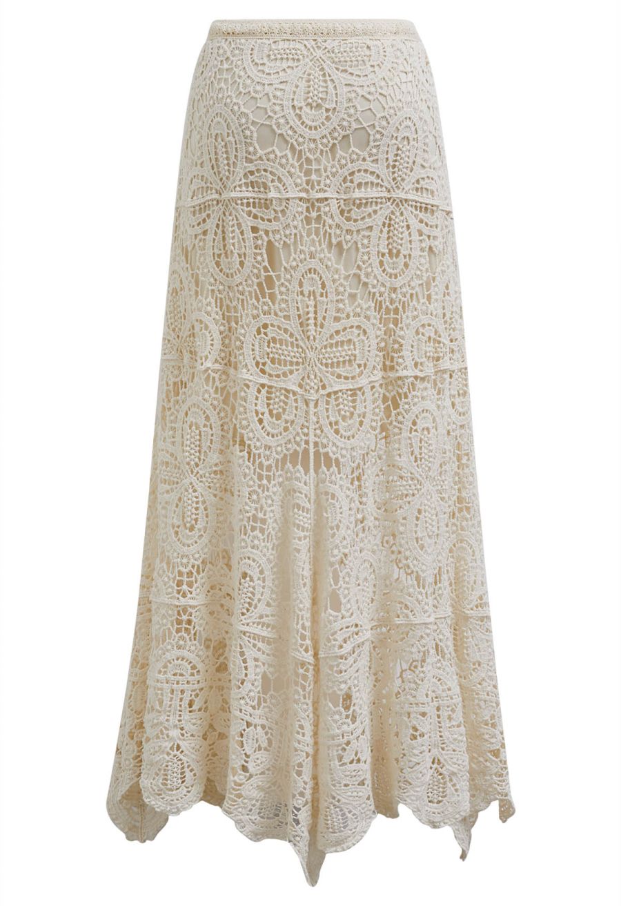 Romantic Floral Open-Knit Crochet Asymmetric Maxi Skirt