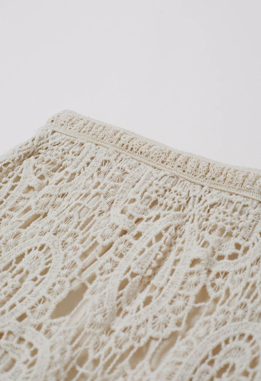 Romantic Floral Open-Knit Crochet Asymmetric Maxi Skirt