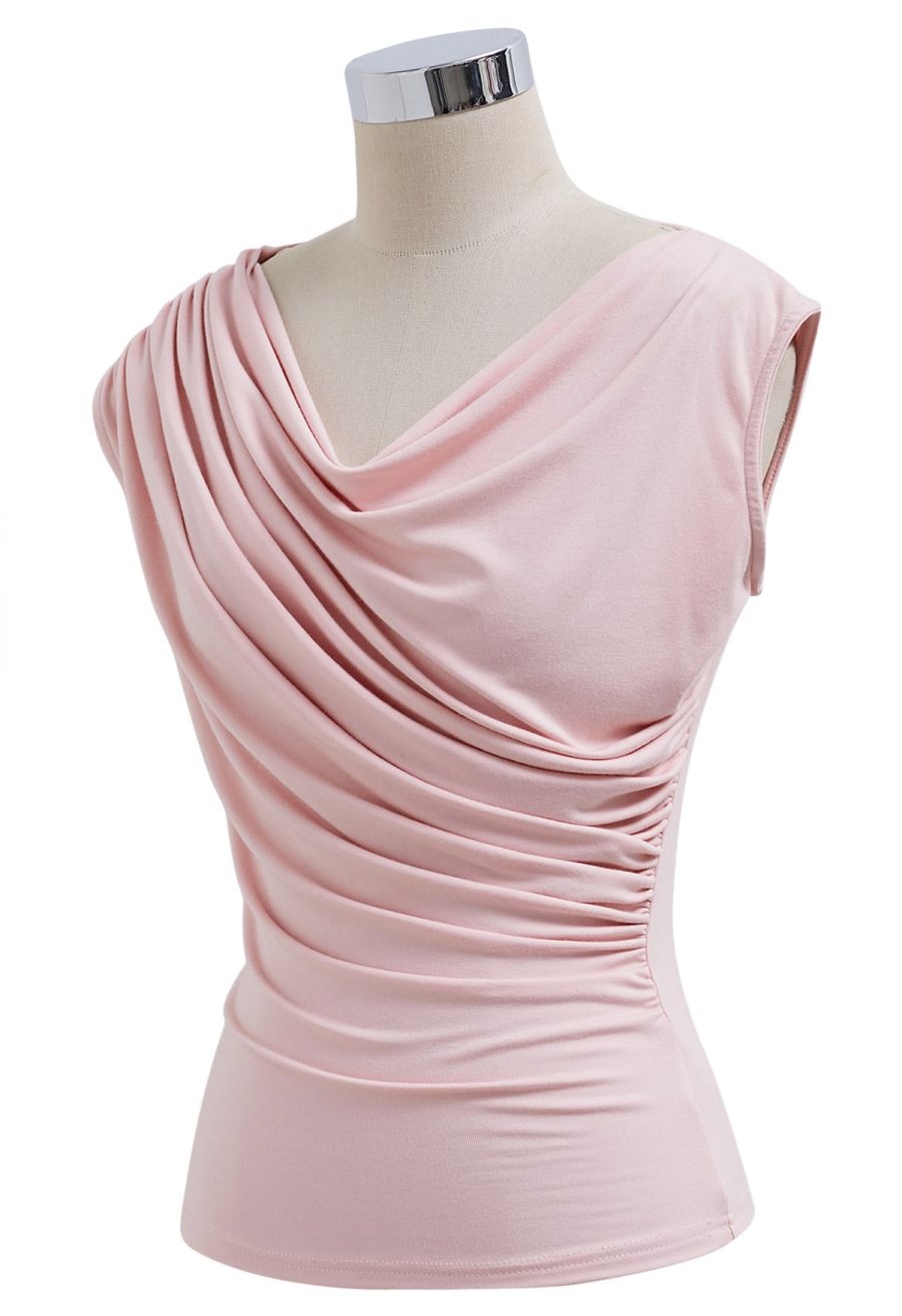 Drape Neck Ruched Sleeveless Top in Pink