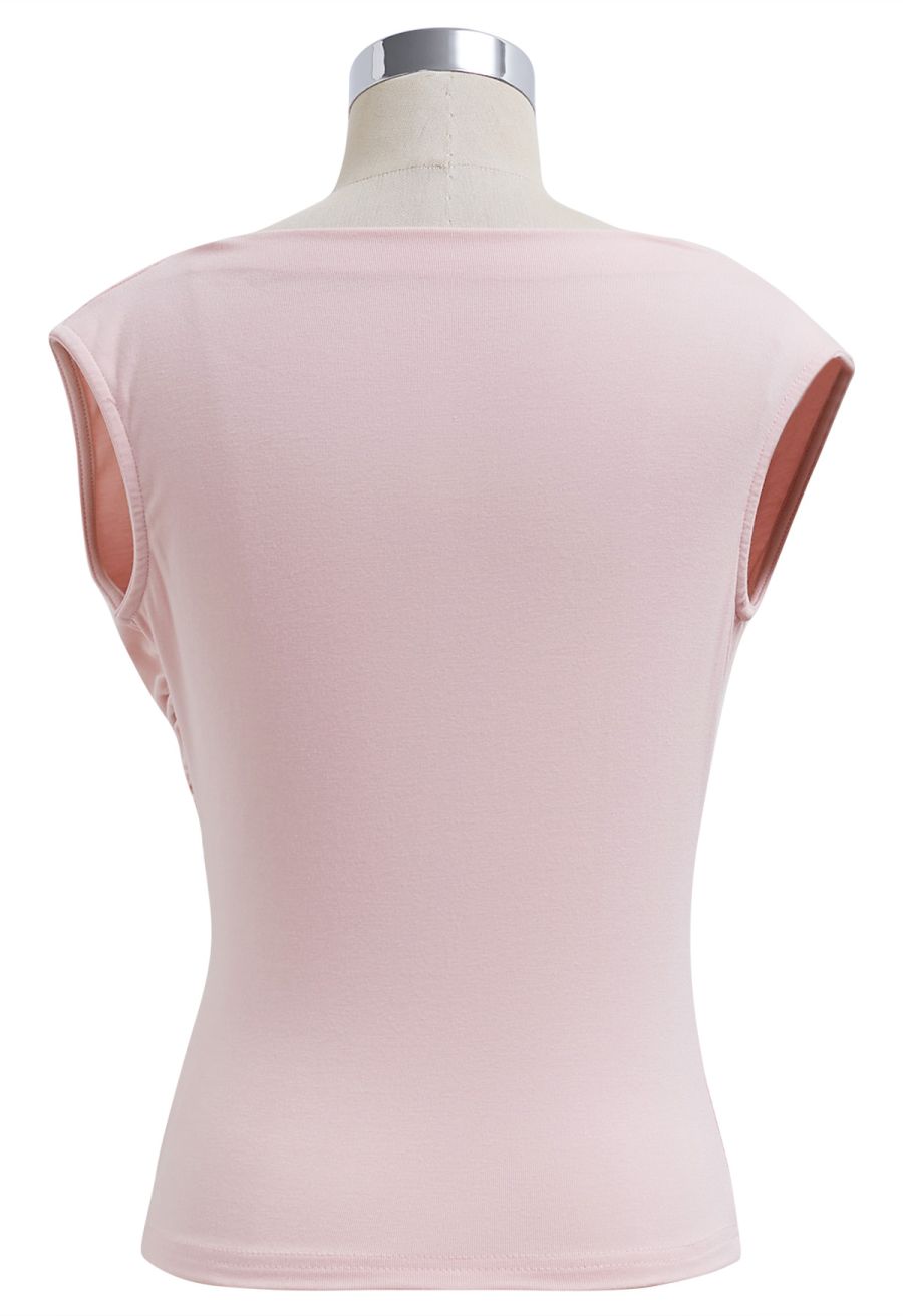 Drape Neck Ruched Sleeveless Top in Pink