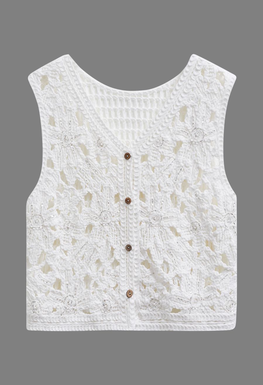 Sequined Floral Open-Knit Crochet Sleeveless Top in White