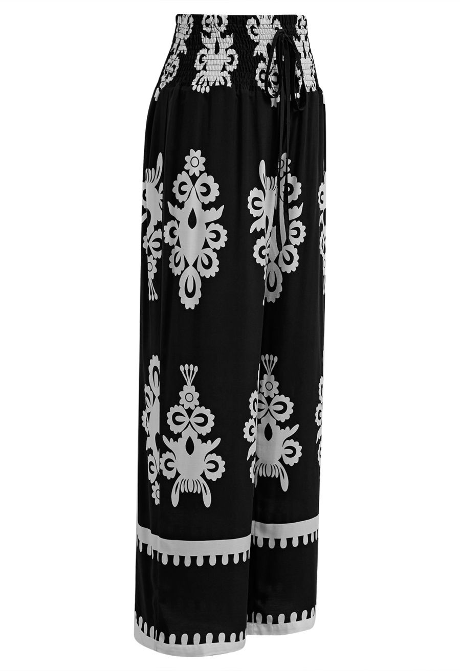 Tile Printed Shirred Waist Pants in Black