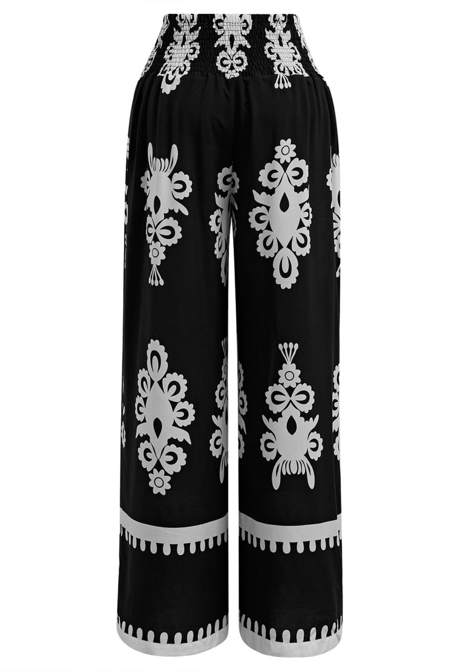 Tile Printed Shirred Waist Pants in Black