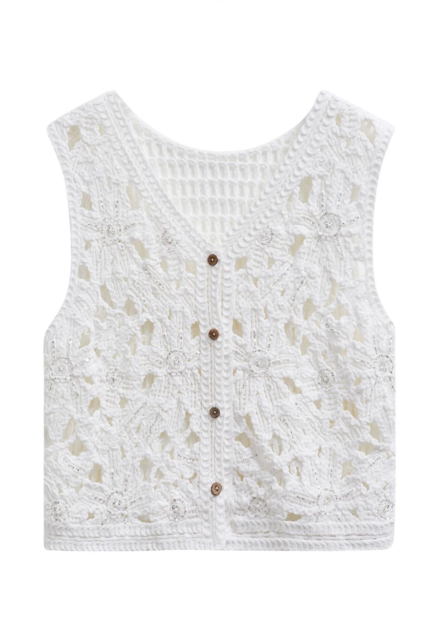 Sequined Floral Open-Knit Crochet Sleeveless Top in White