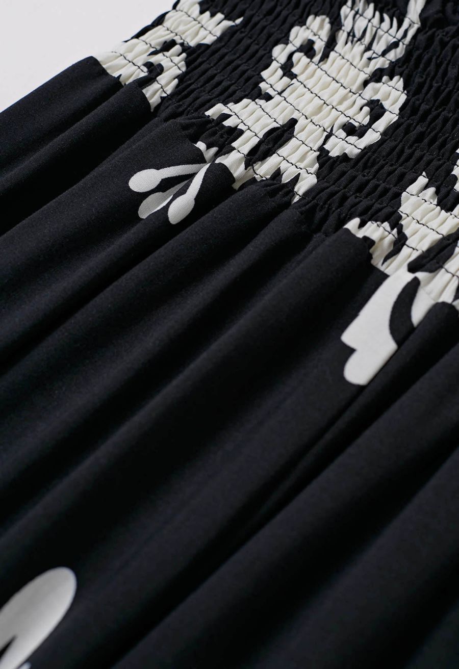Tile Printed Shirred Waist Pants in Black