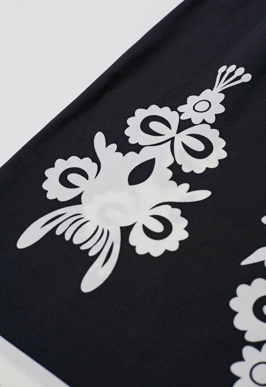 Tile Printed Shirred Waist Pants in Black