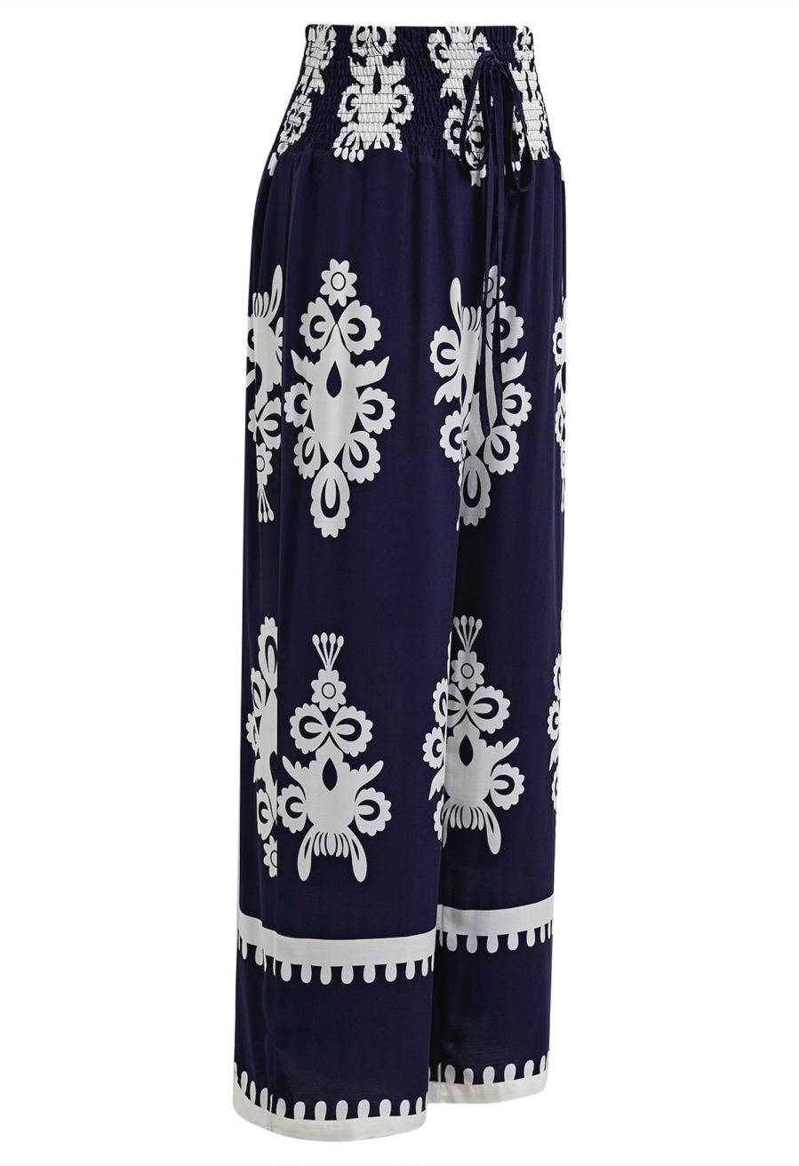 Tile Printed Shirred Waist Pants in Navy