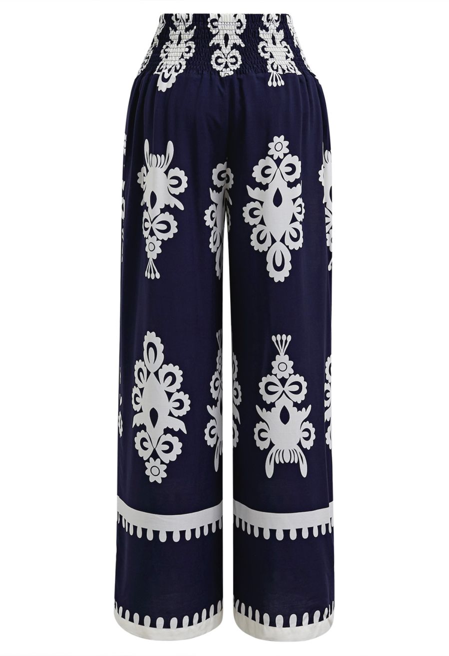 Tile Printed Shirred Waist Pants in Navy