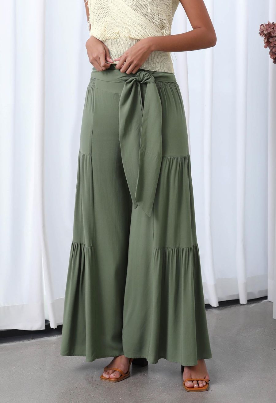Knotted Shirred Waist Wide-Leg Pants in Green