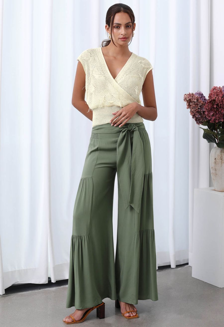 Knotted Shirred Waist Wide-Leg Pants in Green
