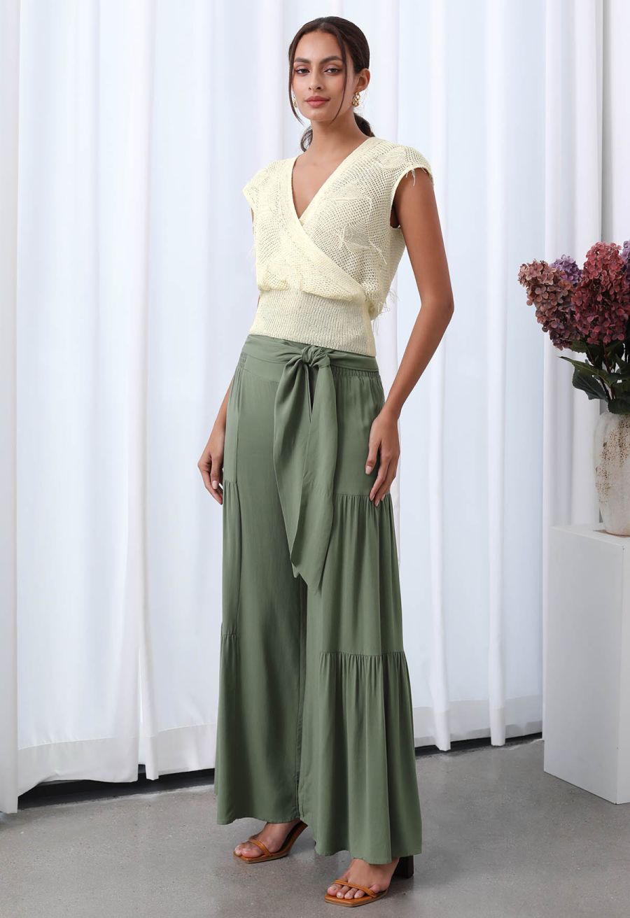 Knotted Shirred Waist Wide-Leg Pants in Green