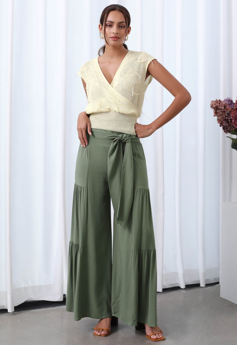 Knotted Shirred Waist Wide-Leg Pants in Green