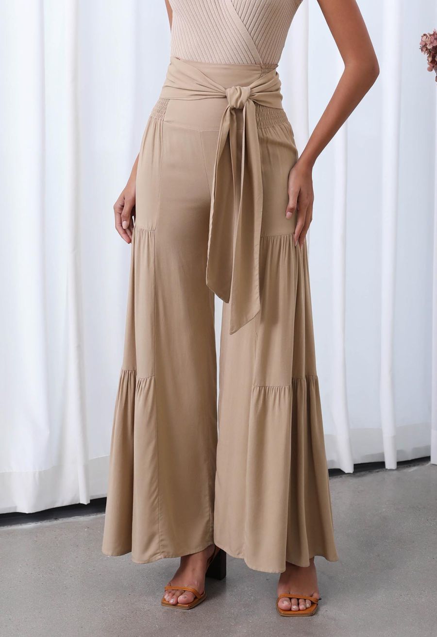 Knotted Shirred Waist Wide-Leg Pants in Light Tan
