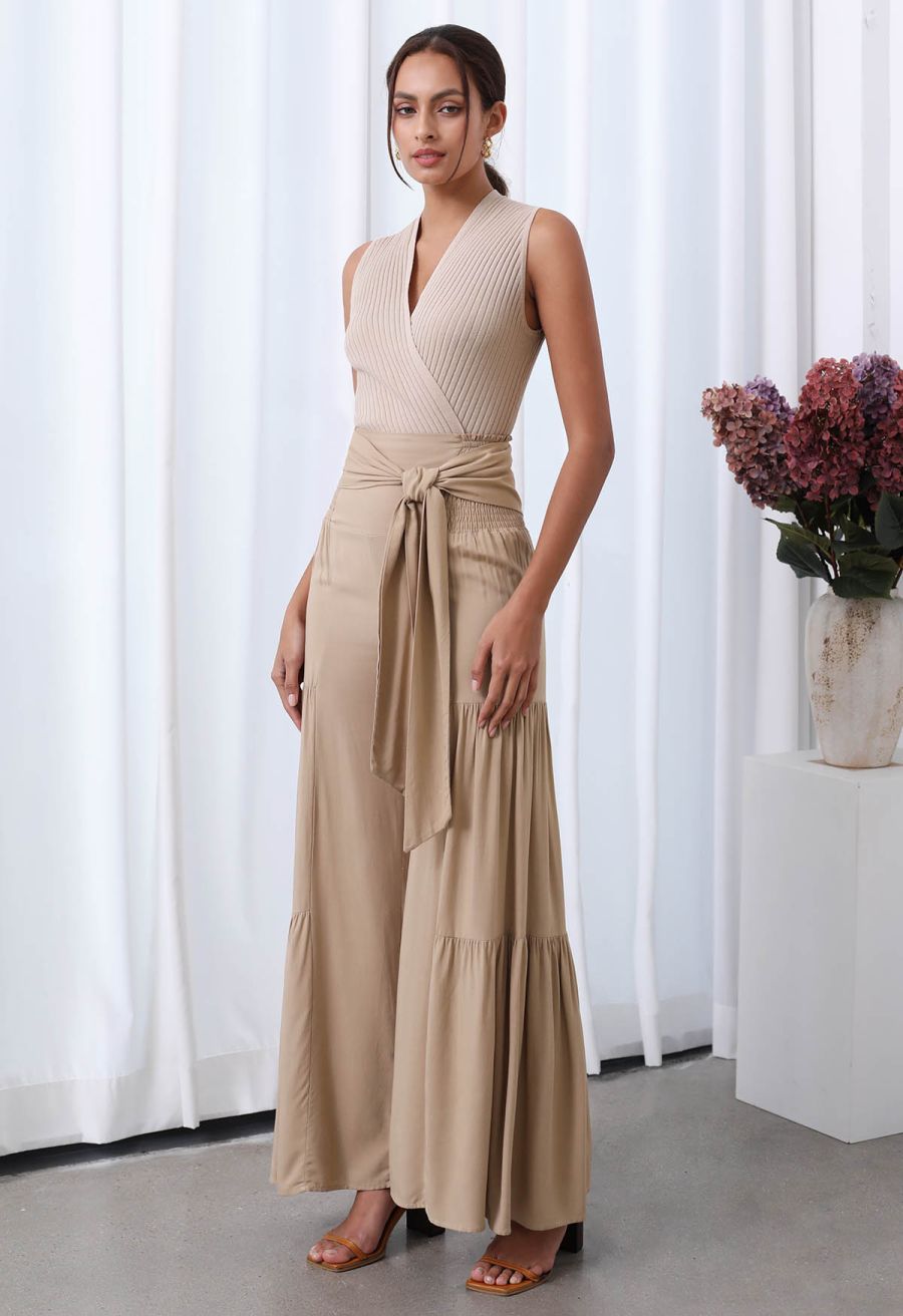 V-Neck Faux-Wrap Sleeveless Ribbed Knit Top in Oatmeal