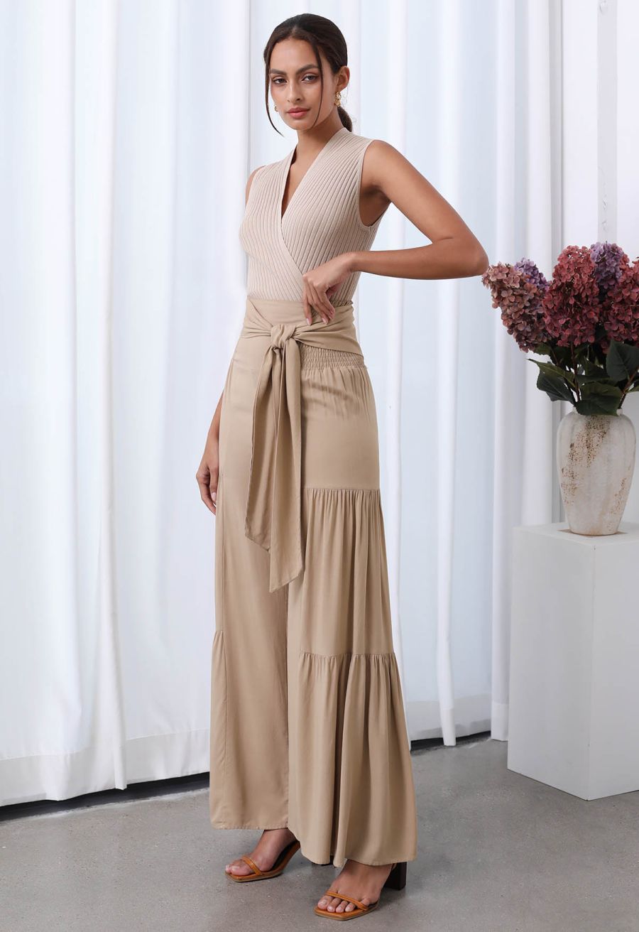 V-Neck Faux-Wrap Sleeveless Ribbed Knit Top in Oatmeal