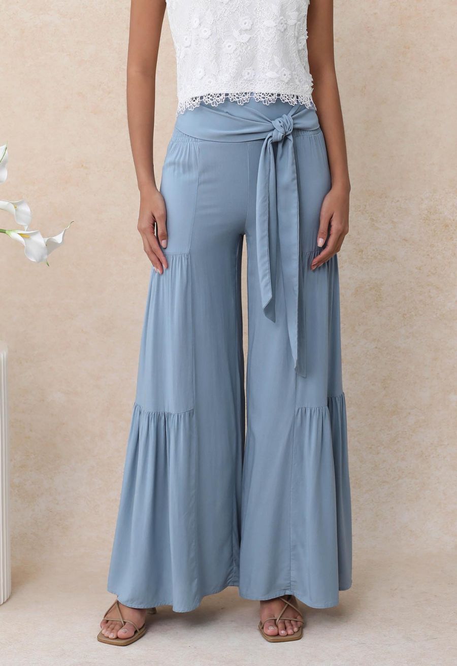 Knotted Shirred Waist Wide-Leg Pants in Light Blue