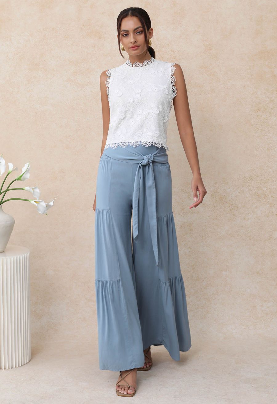 Knotted Shirred Waist Wide-Leg Pants in Light Blue