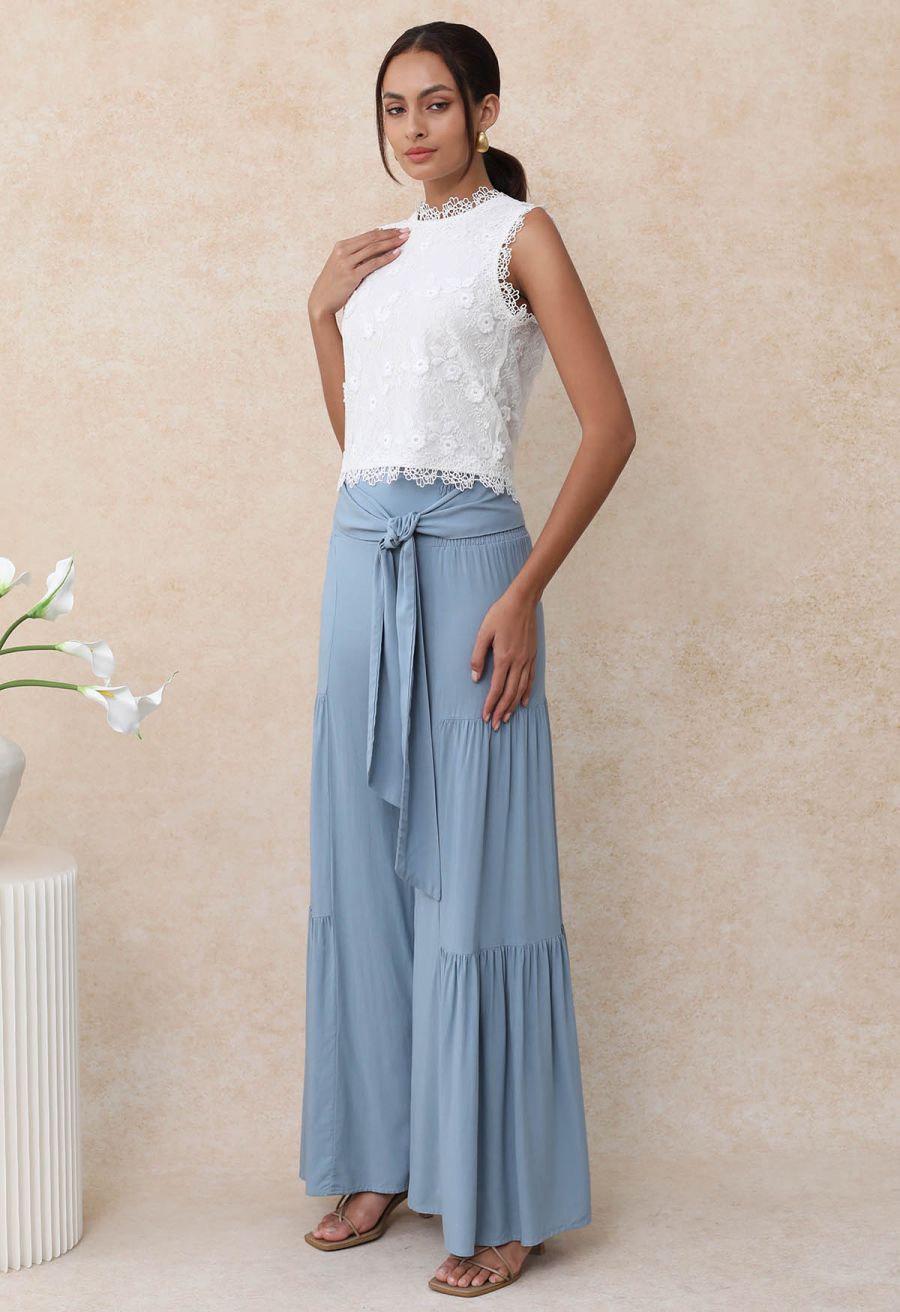 Knotted Shirred Waist Wide-Leg Pants in Light Blue