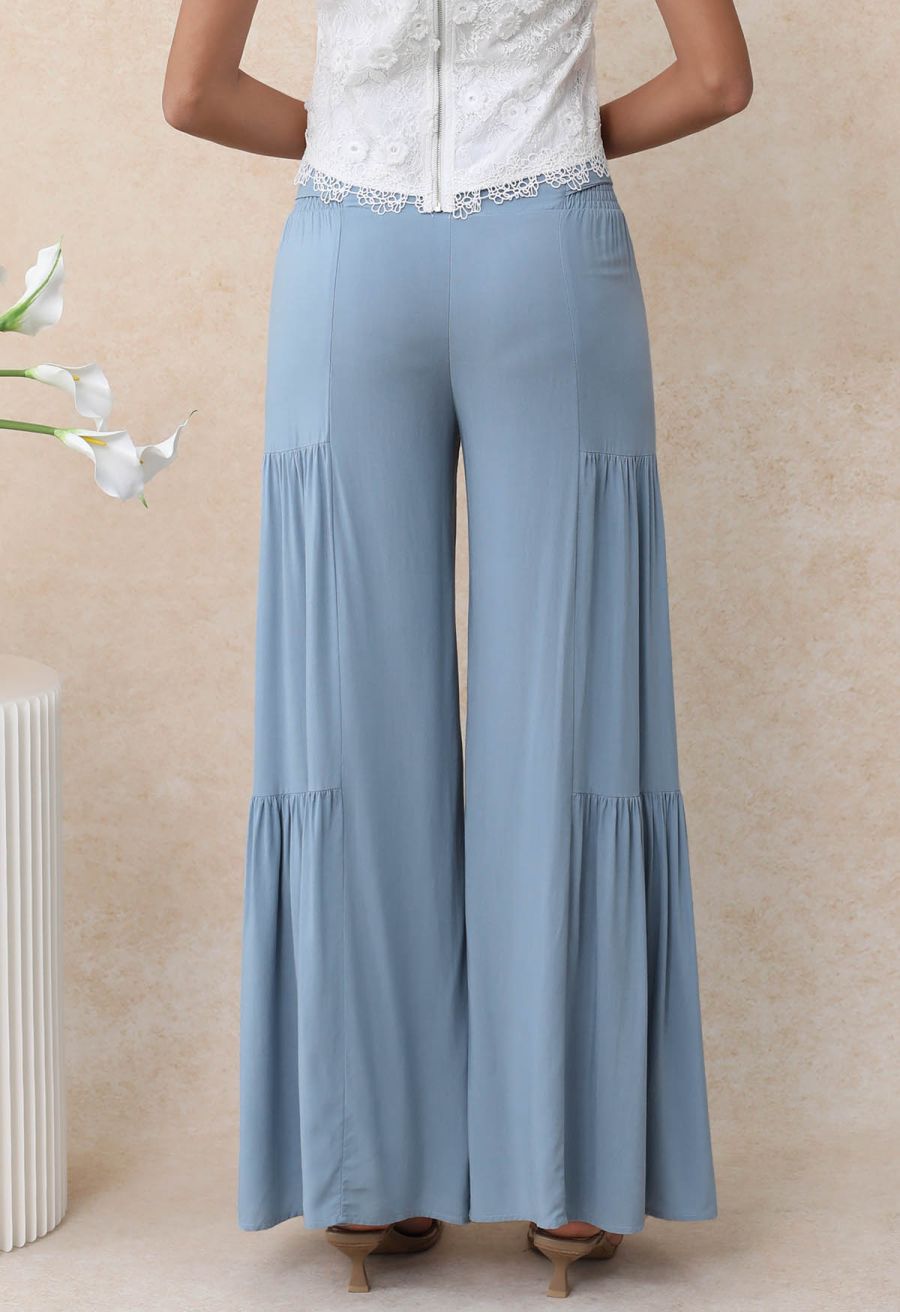 Knotted Shirred Waist Wide-Leg Pants in Light Blue