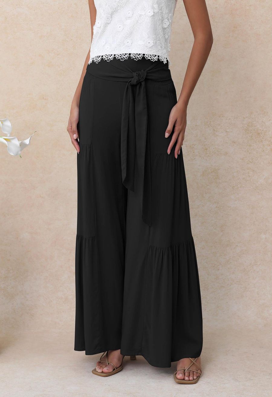 Knotted Shirred Waist Wide-Leg Pants in Black
