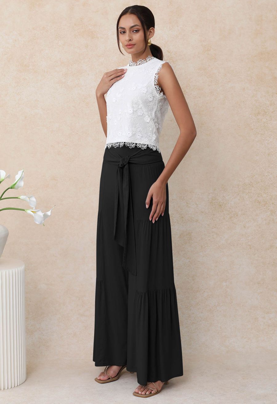 Knotted Shirred Waist Wide-Leg Pants in Black