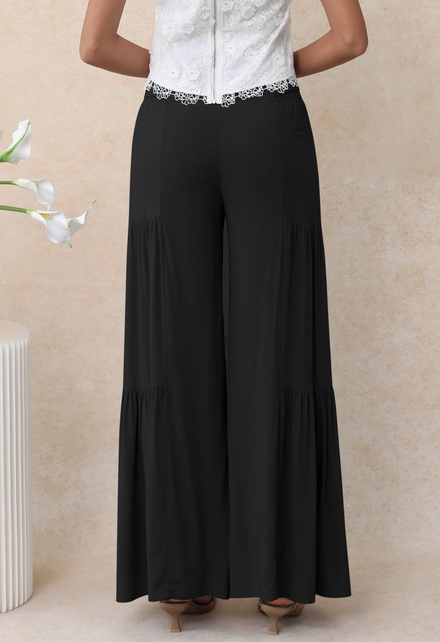 Knotted Shirred Waist Wide-Leg Pants in Black
