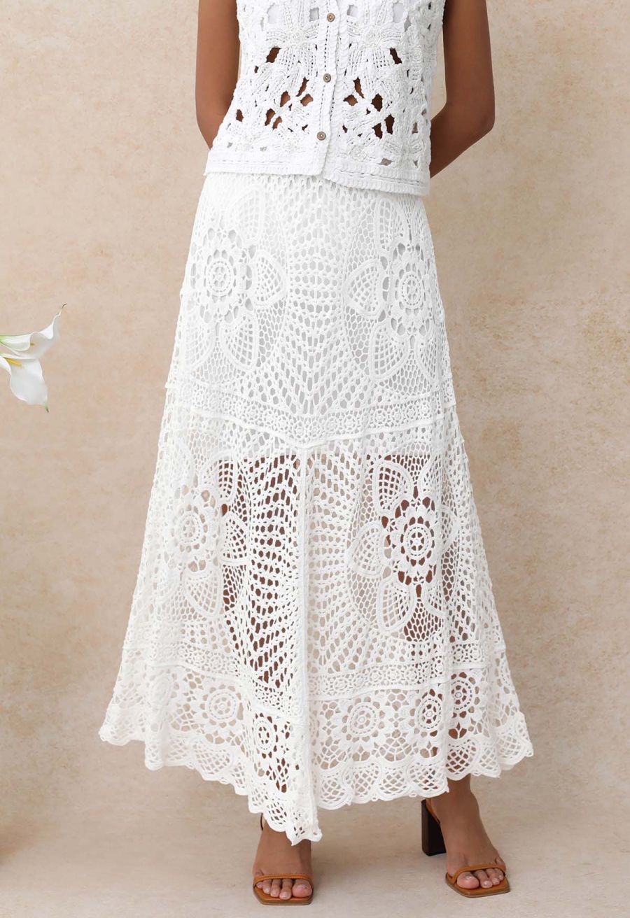 Blooming Floral Open-Knit Crochet Asymmetric Maxi Skirt