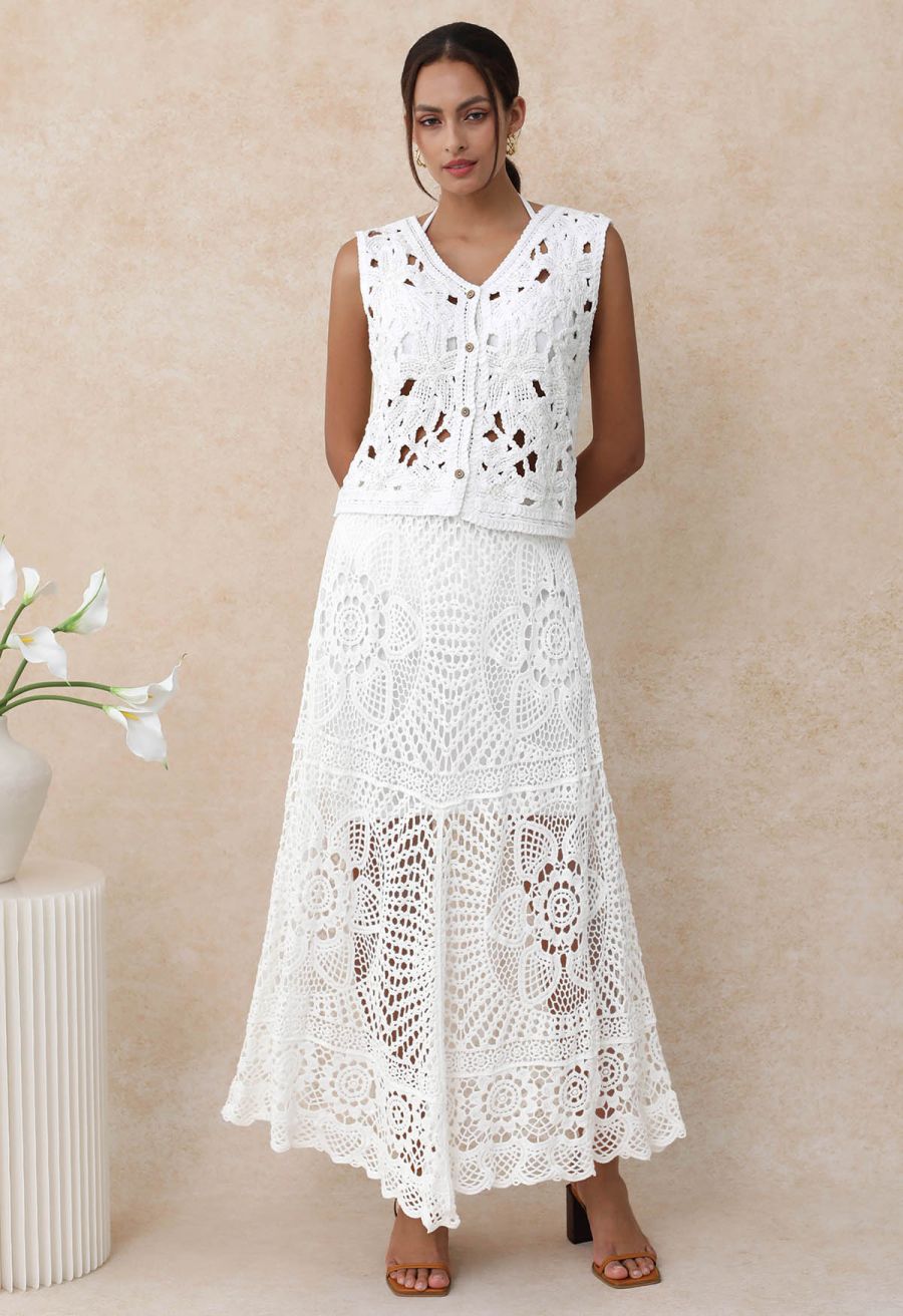 Sequined Floral Open-Knit Crochet Sleeveless Top in White