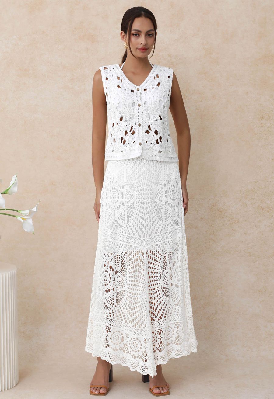 Sequined Floral Open-Knit Crochet Sleeveless Top in White
