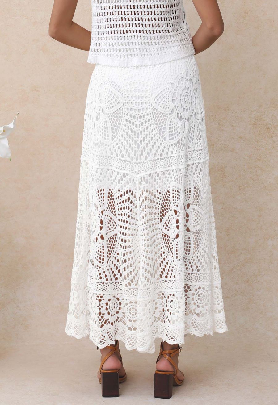 Blooming Floral Open-Knit Crochet Asymmetric Maxi Skirt