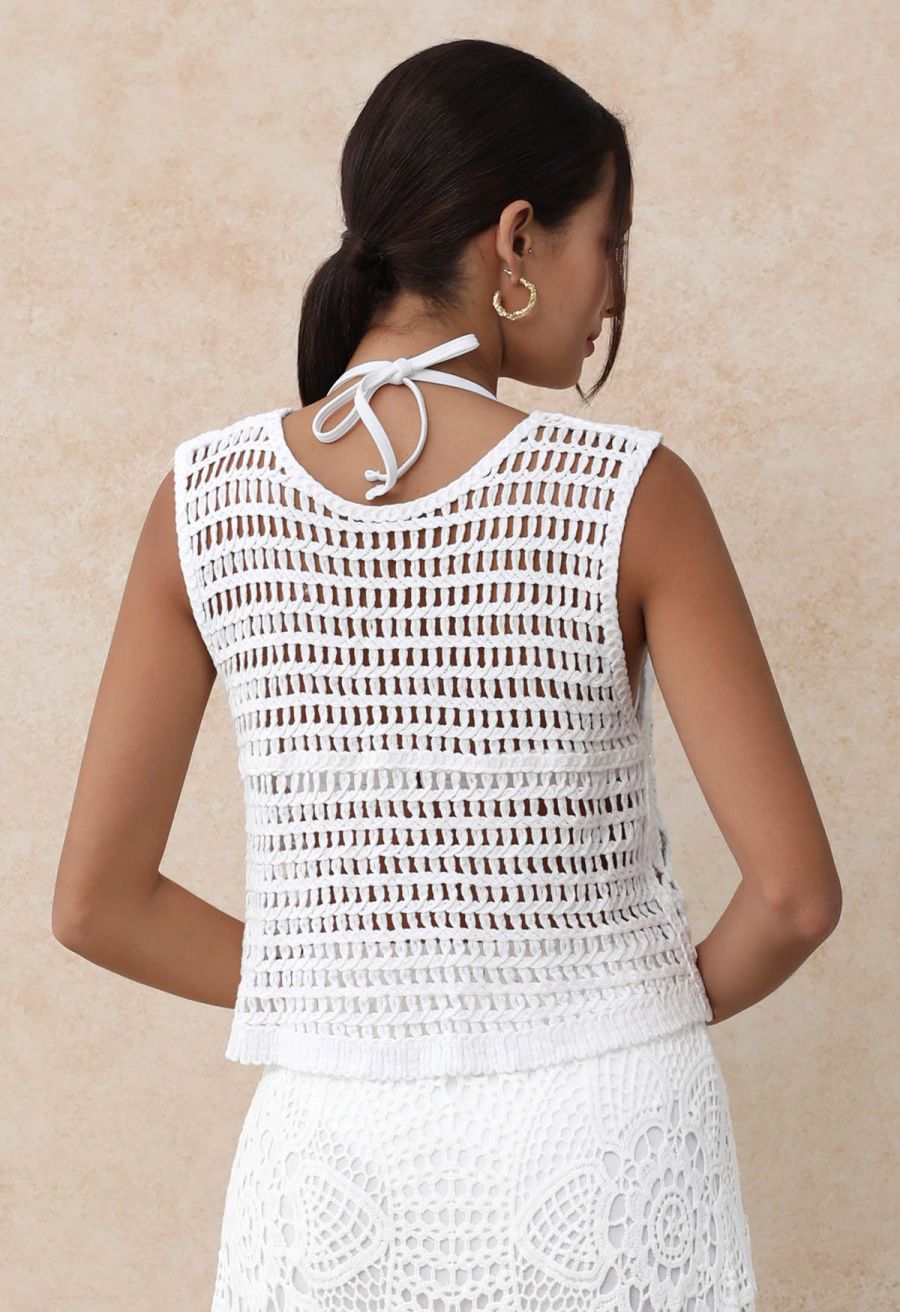 Sequined Floral Open-Knit Crochet Sleeveless Top in White