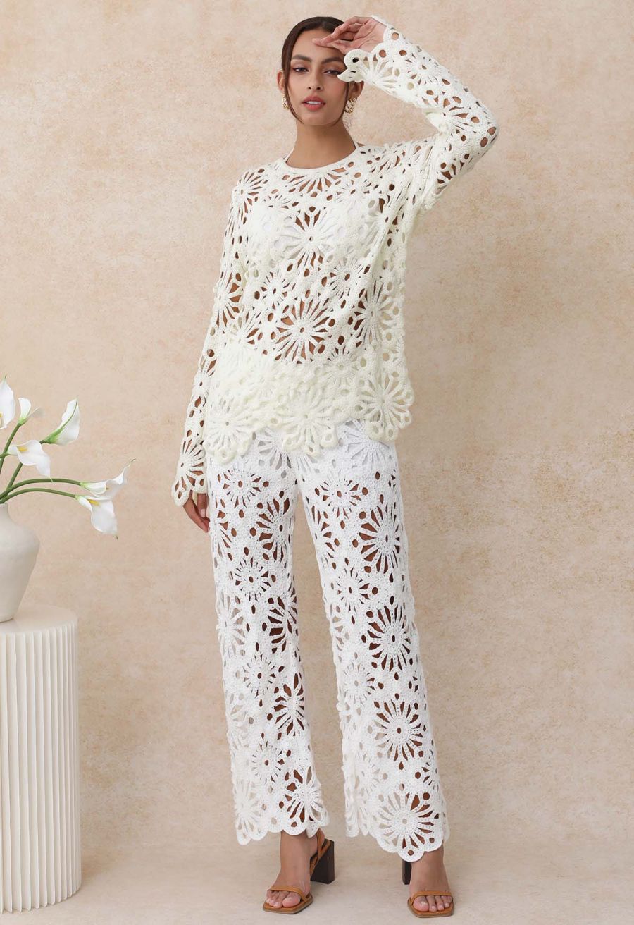 Floral Cutwork Crochet Long-Sleeve Asymmetric Top