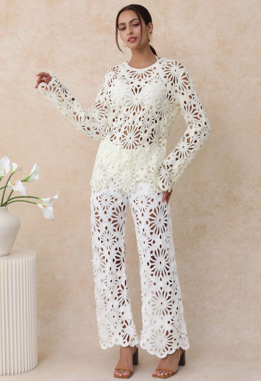 Floral Cutwork Crochet Long-Sleeve Asymmetric Top