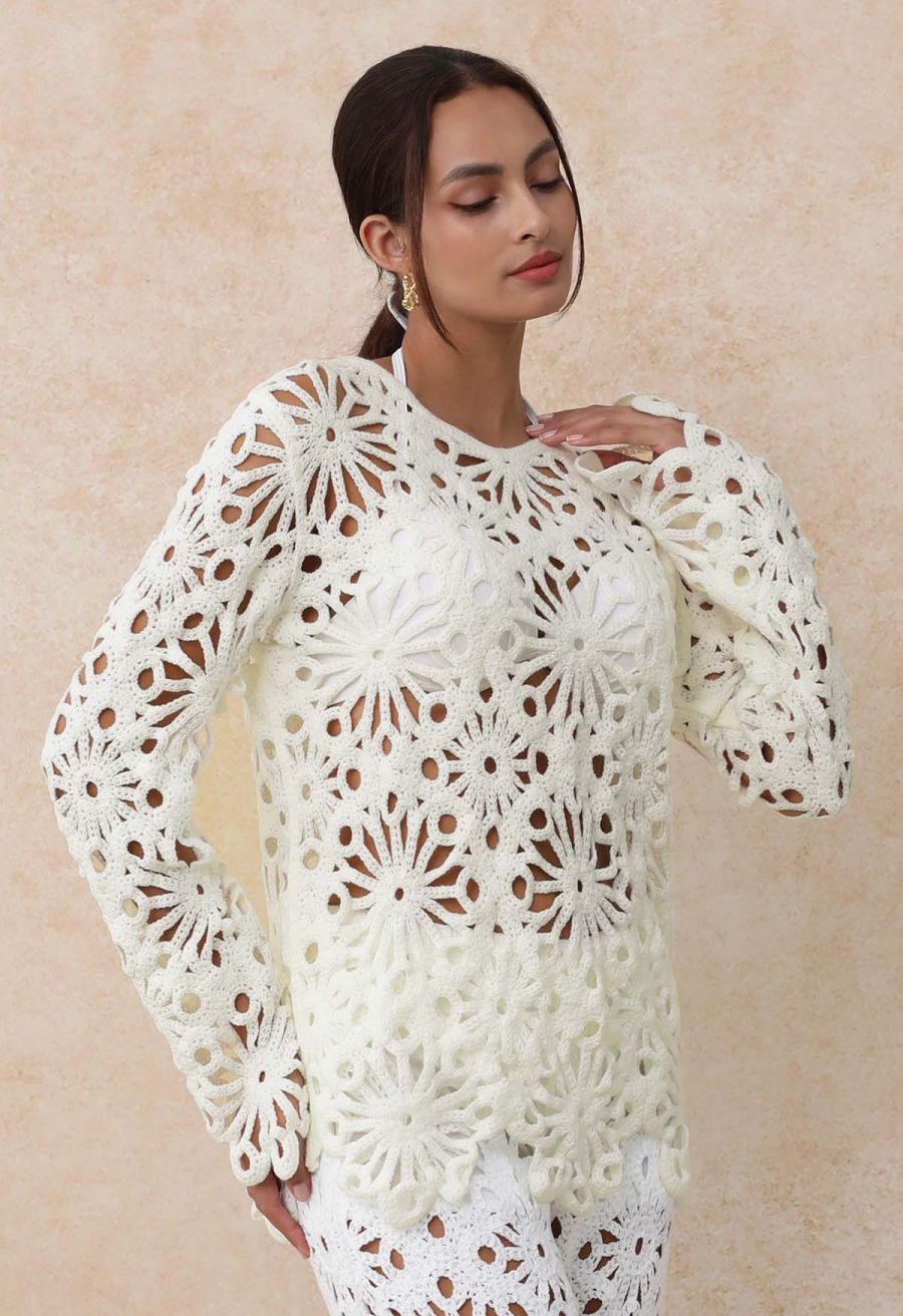 Floral Cutwork Crochet Long-Sleeve Asymmetric Top