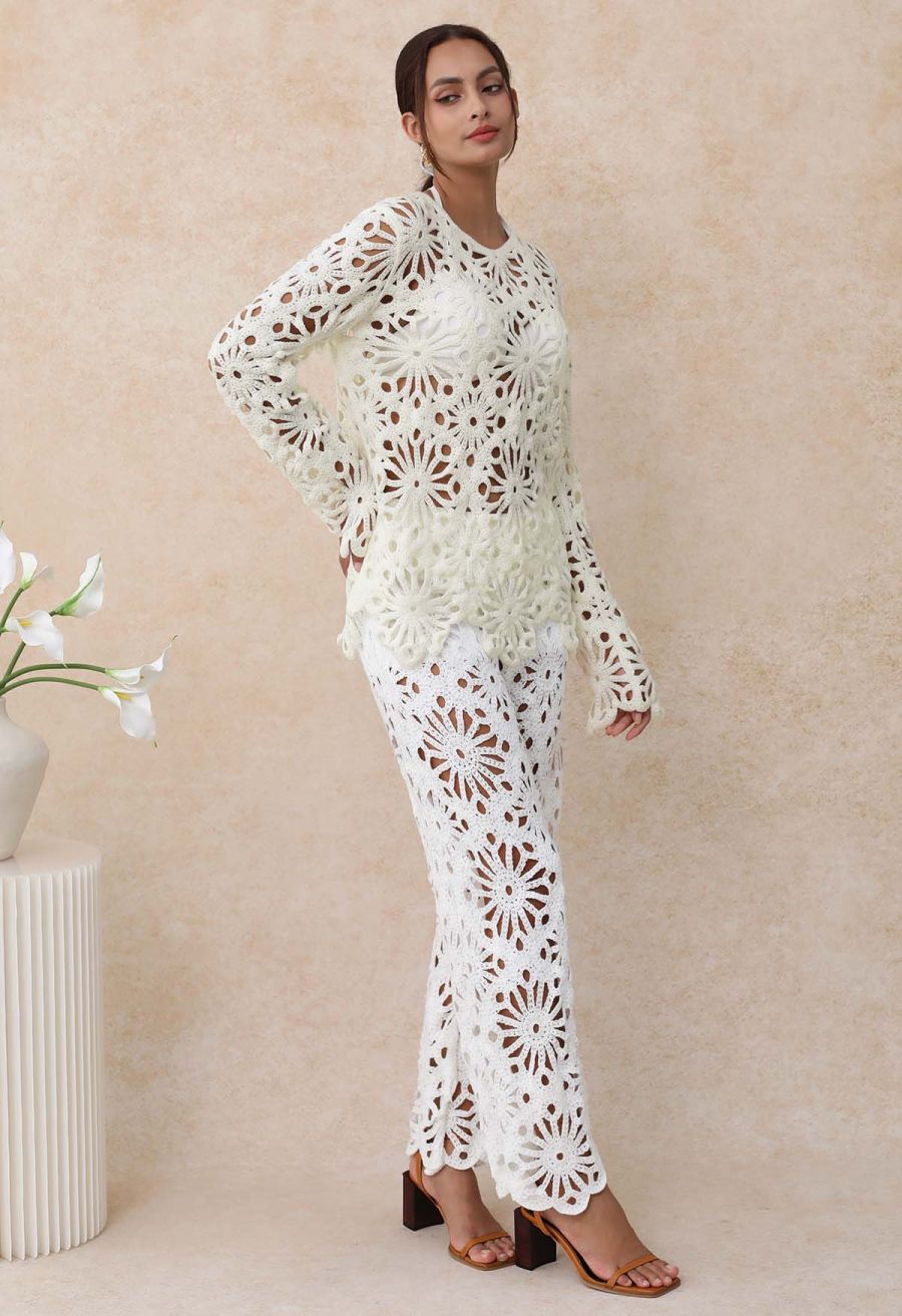 Floral Cutwork Crochet Long-Sleeve Asymmetric Top