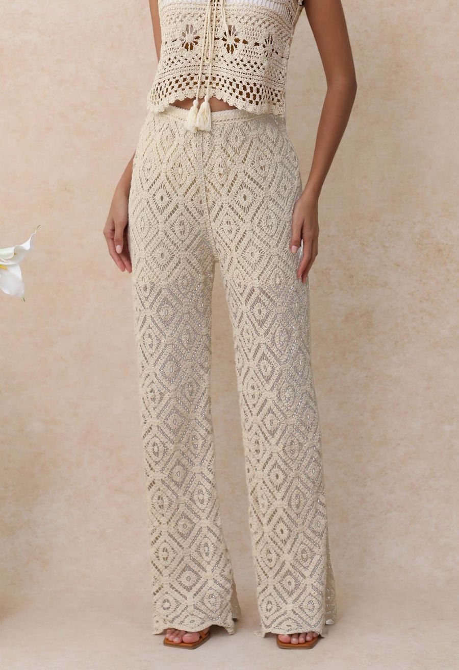 Diamond Cutwork Scalloped Hem Pants