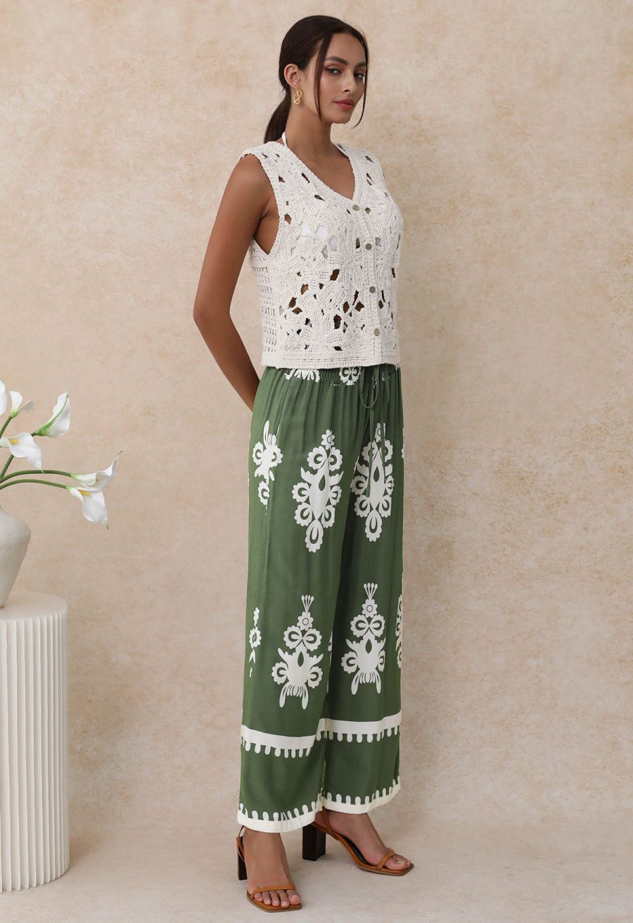 Sequined Floral Open-Knit Crochet Sleeveless Top in Sand