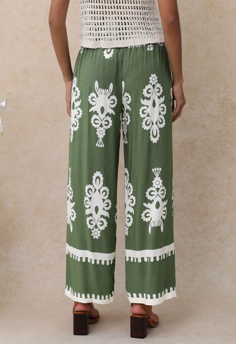 Tile Printed Shirred Waist Pants in Green