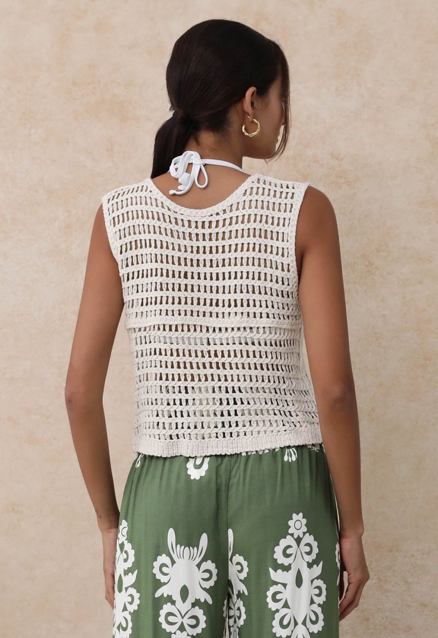 Sequined Floral Open-Knit Crochet Sleeveless Top in Sand