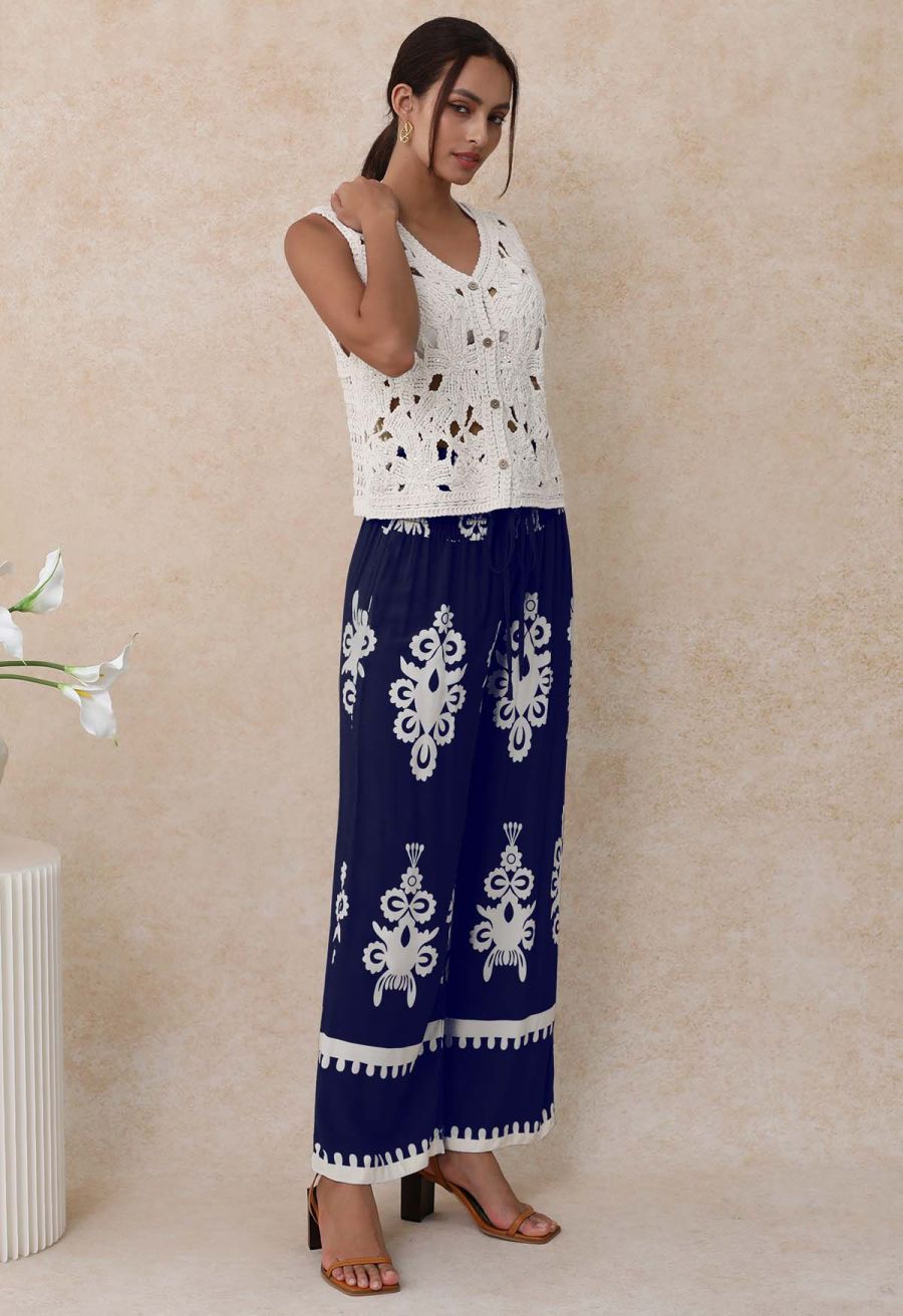 Tile Printed Shirred Waist Pants in Navy
