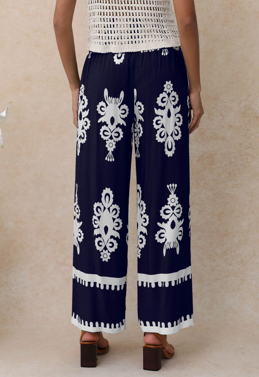 Tile Printed Shirred Waist Pants in Navy