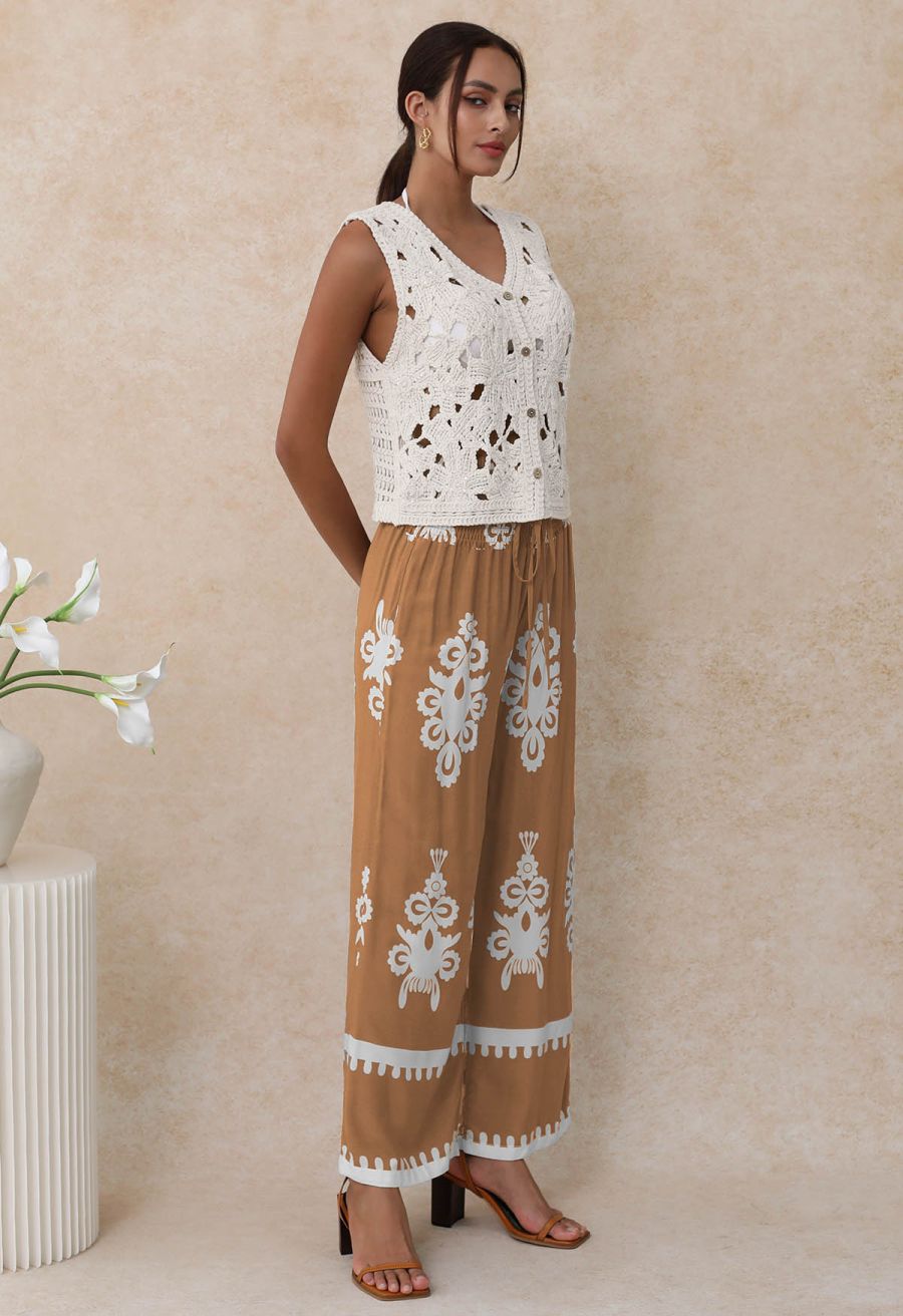 Tile Printed Shirred Waist Pants in Tan