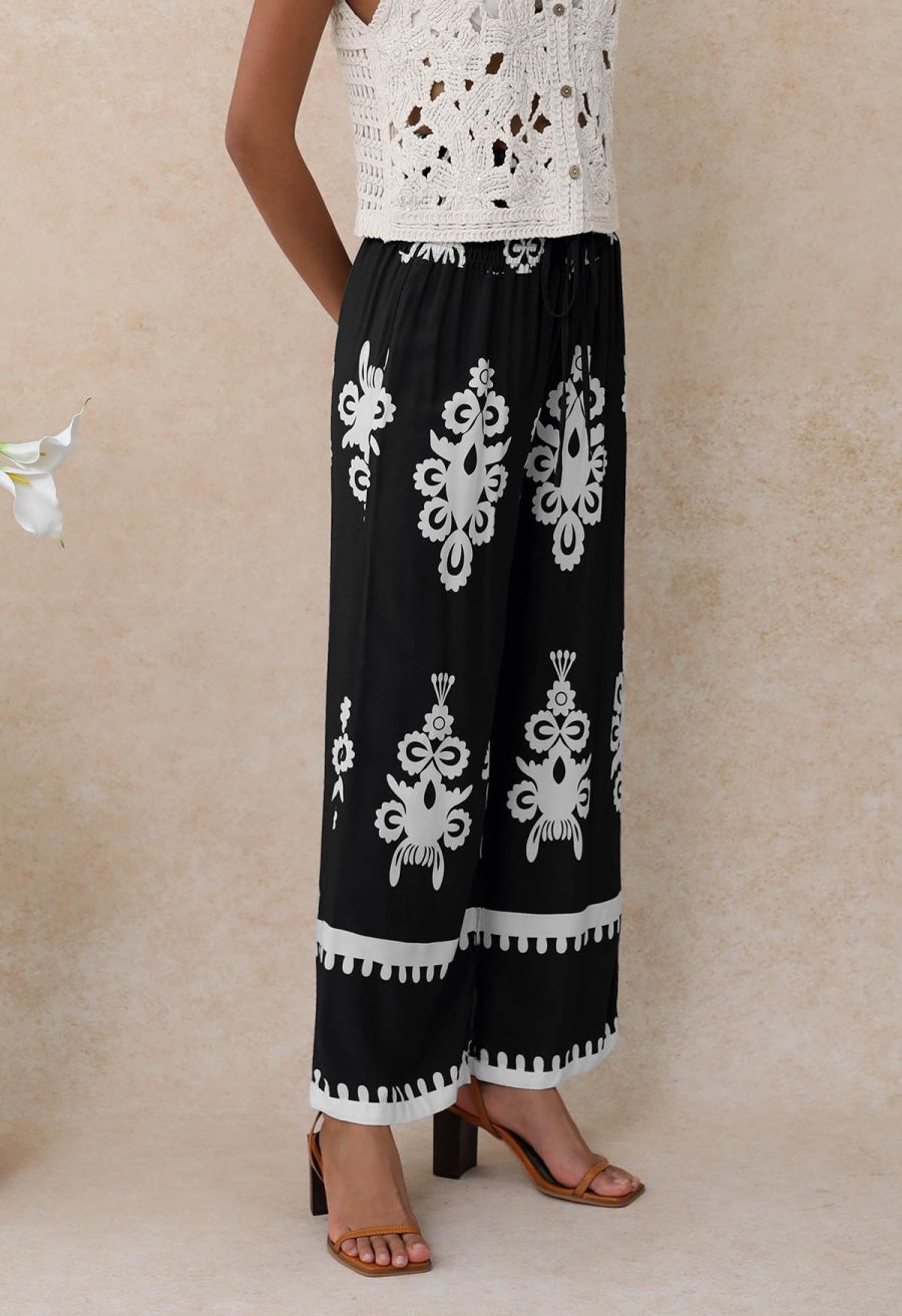 Tile Printed Shirred Waist Pants in Black
