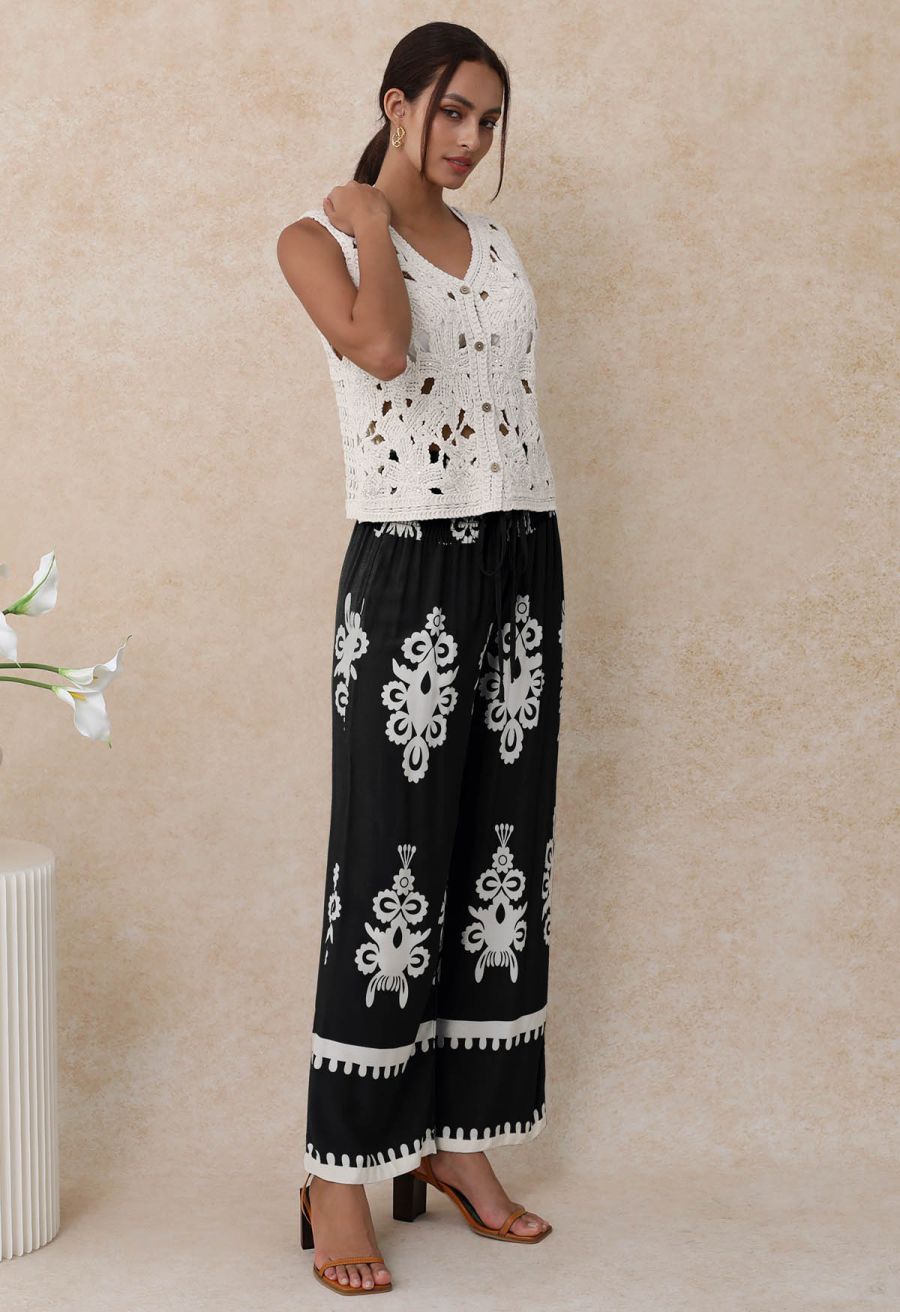 Tile Printed Shirred Waist Pants in Black